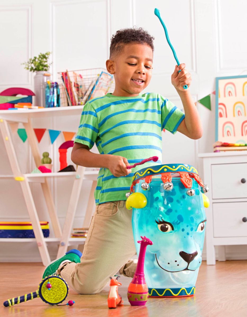 Jungle-themed musical instruments and leopard drum.