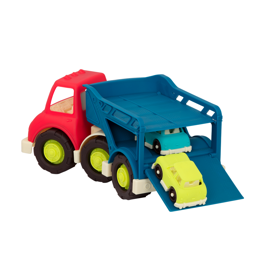Toy car carrier with two cars.