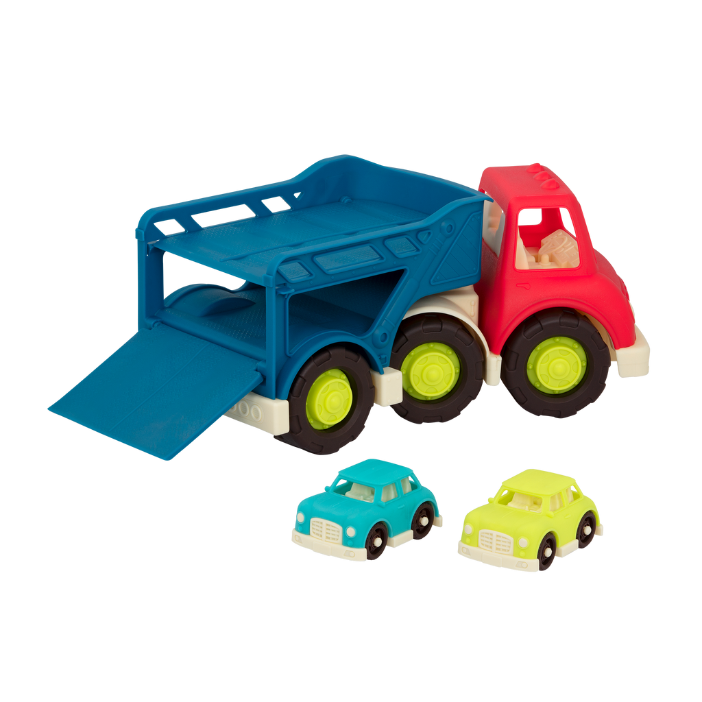 Toy car carrier with two cars.