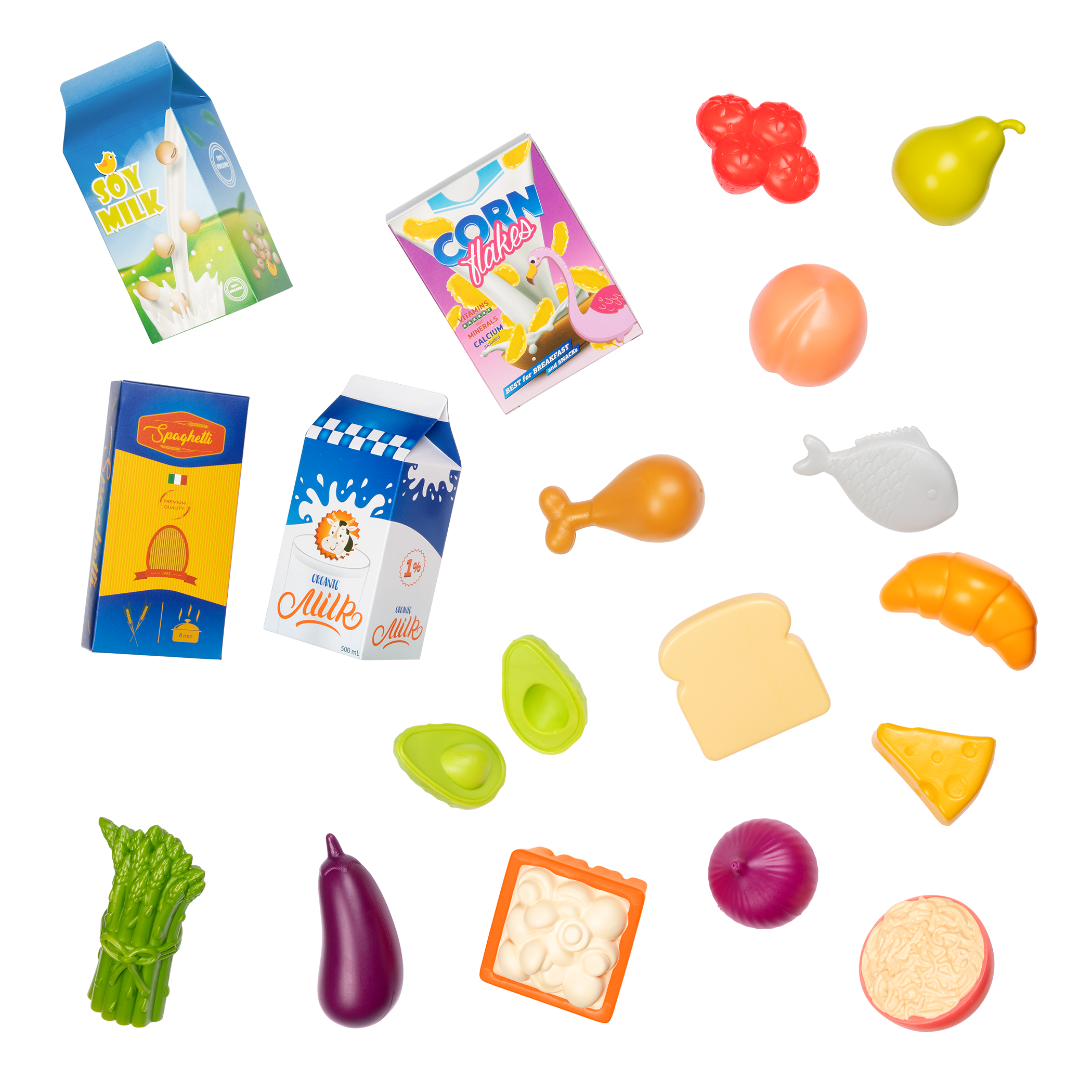 Toy shopping basket with play food.