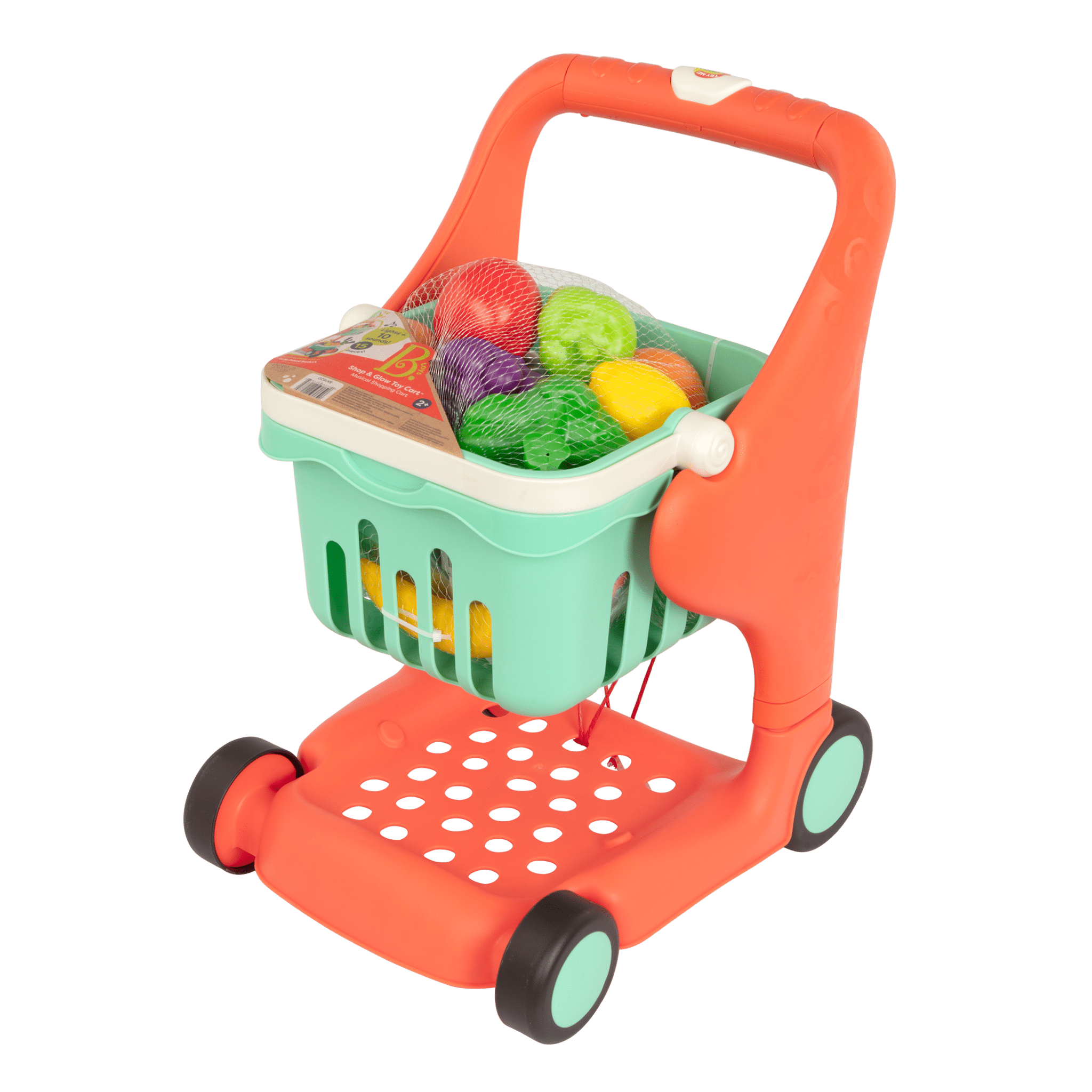 Toy shopping cart with play food.