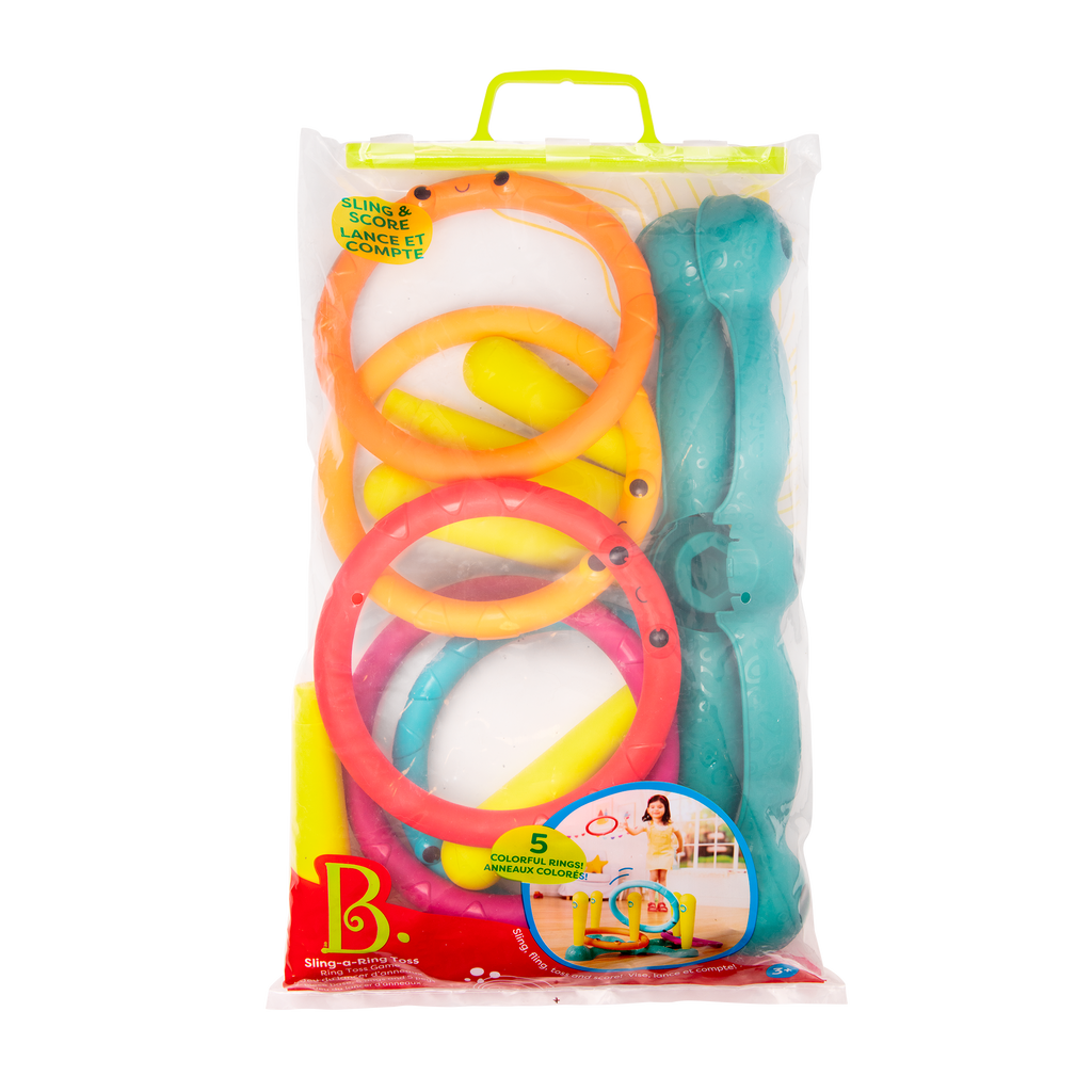 Ring toss game with five rings and five numbered pegs.