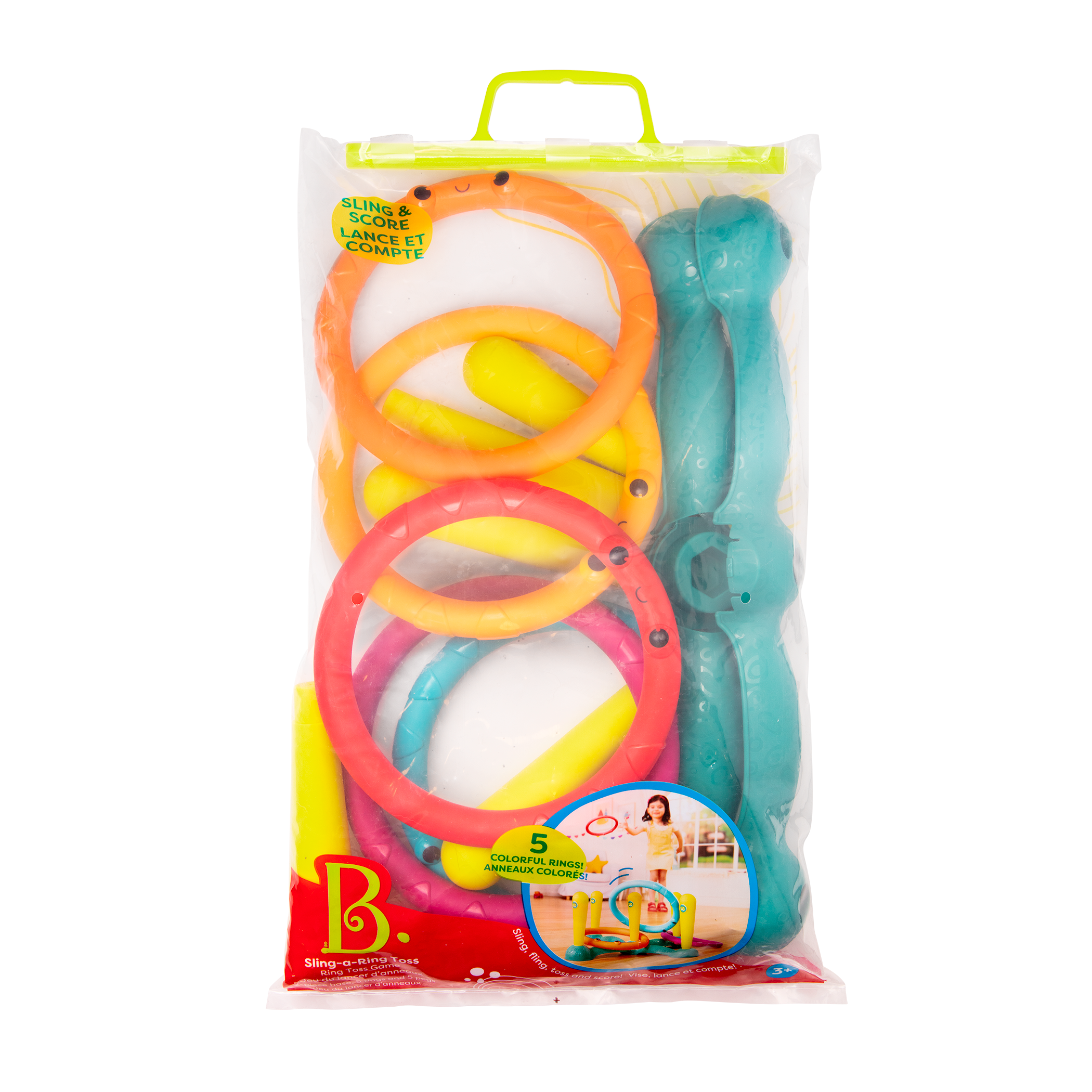 Ring toss game with five rings and five numbered pegs.