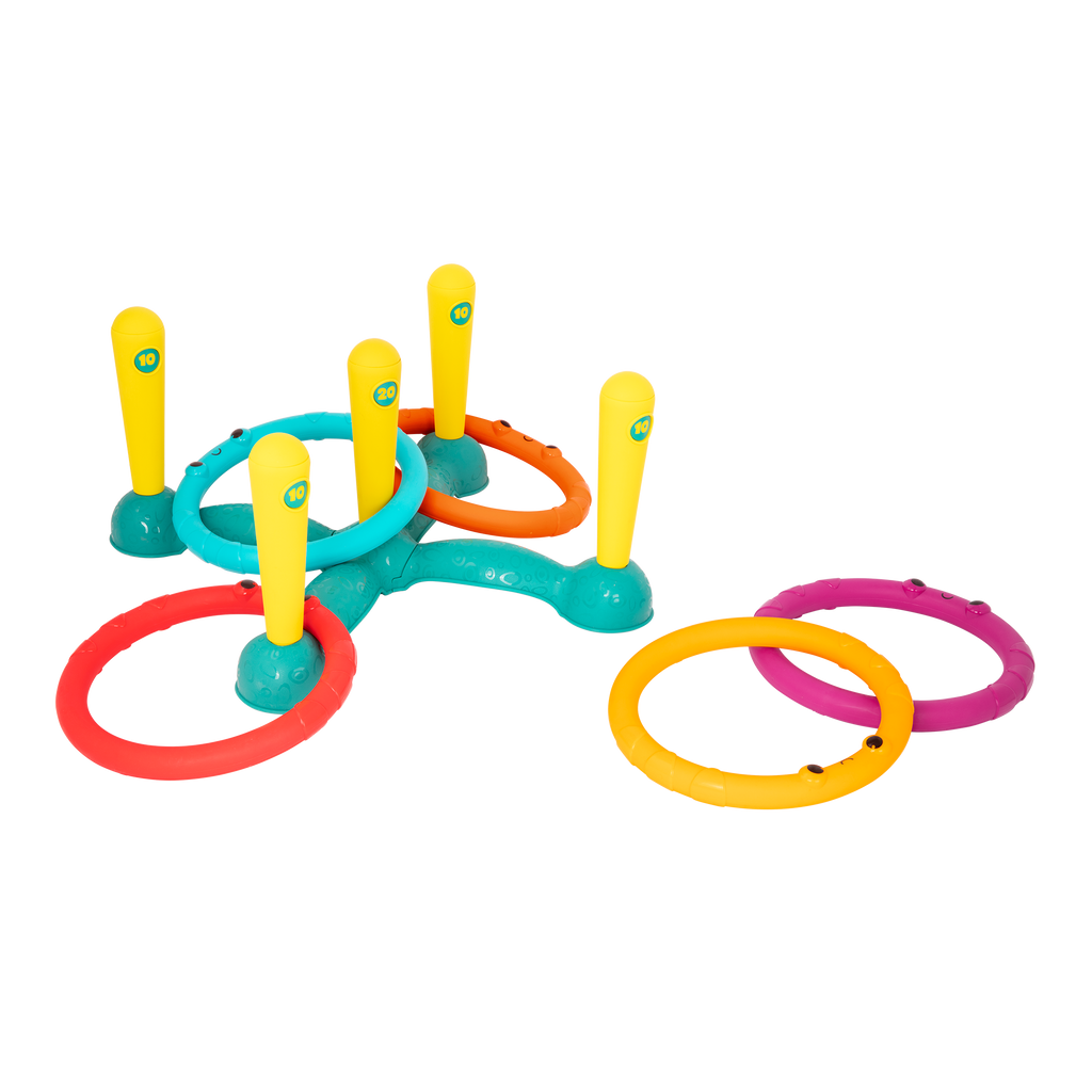 Ring toss game with five rings and five numbered pegs.