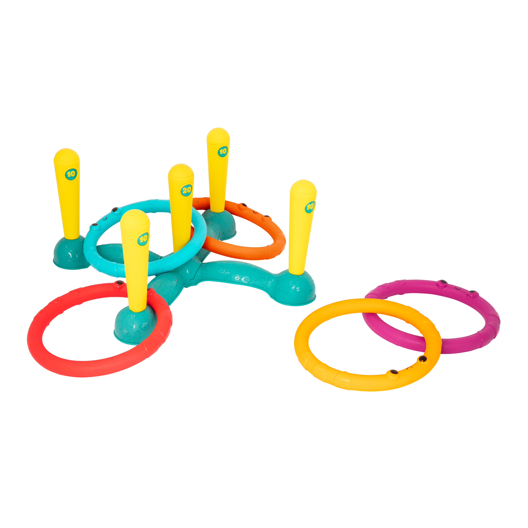 Ring toss game with five rings and five numbered pegs.