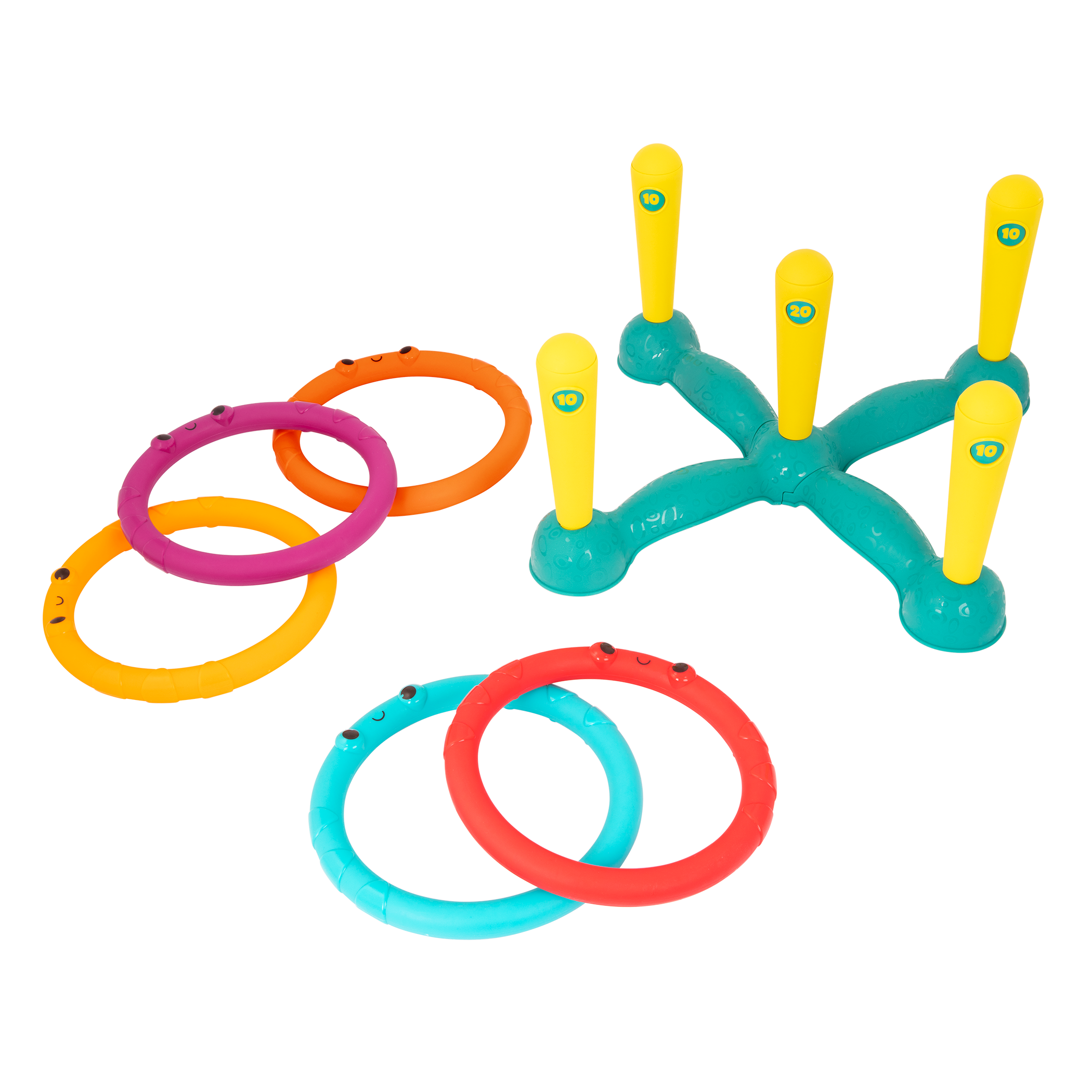 Ring toss game with five rings and five numbered pegs.