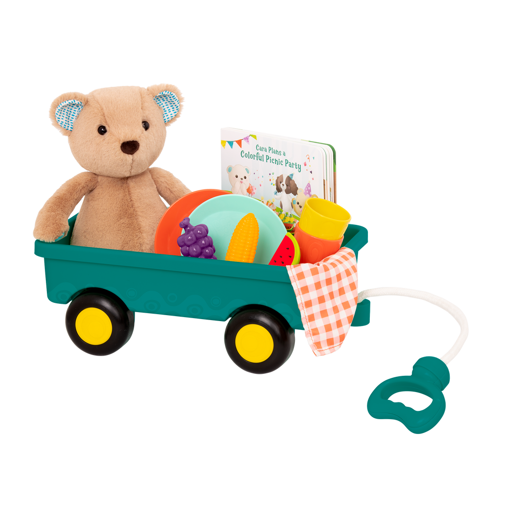 Plush bear with picnic playset and book.