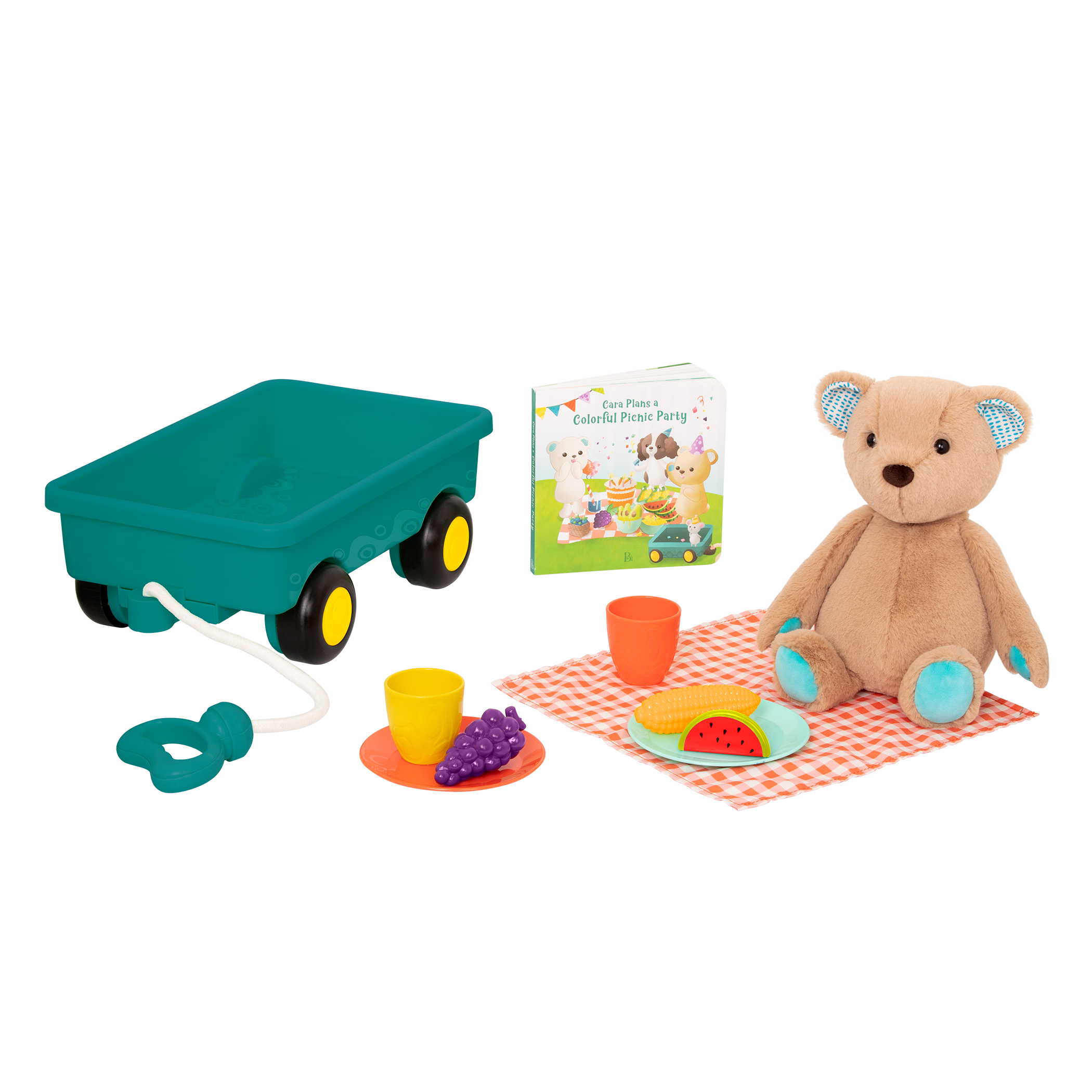 Plush bear with picnic playset and book.