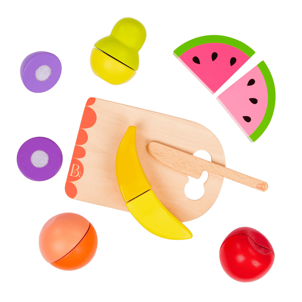 Wooden toy fruits.