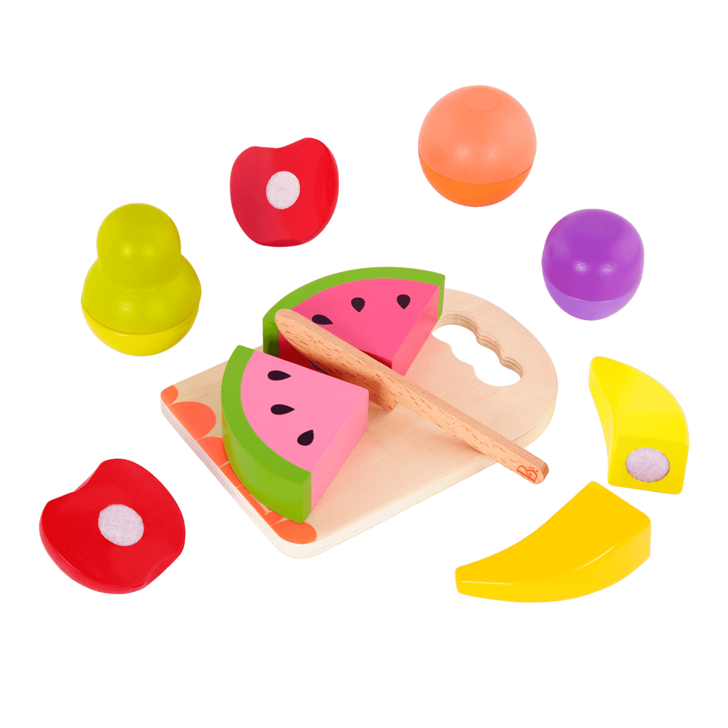 Wooden toy fruits.