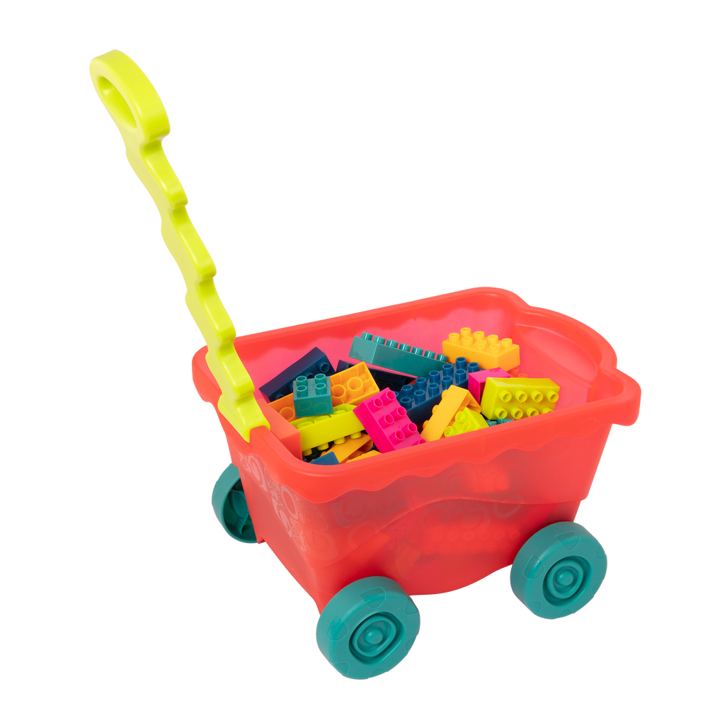 Colorful building blocks and a wagon.