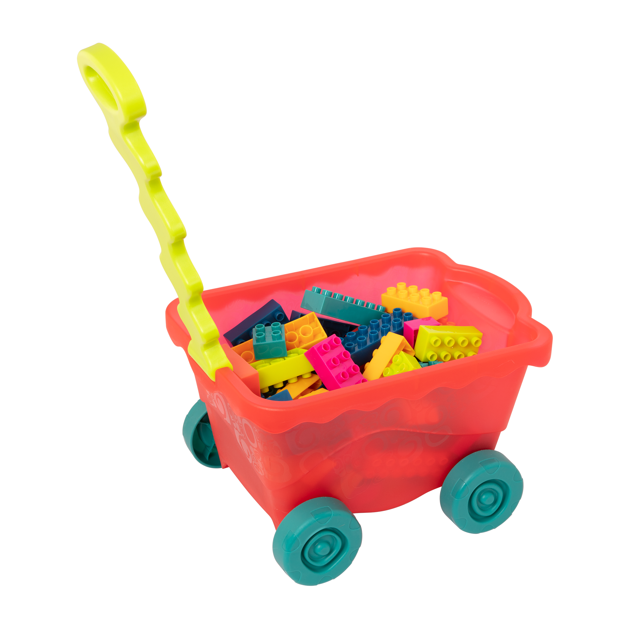 Colorful building blocks and a wagon.