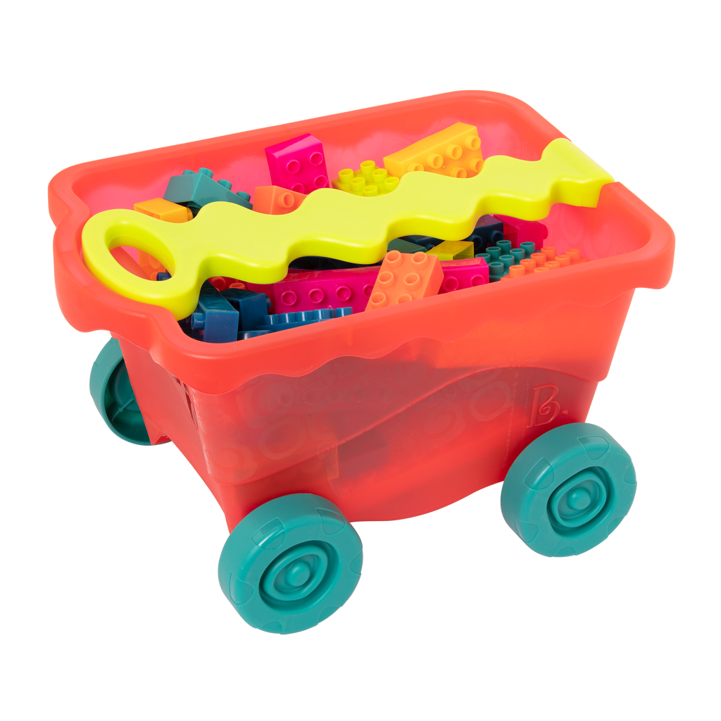 Colorful building blocks and a wagon.
