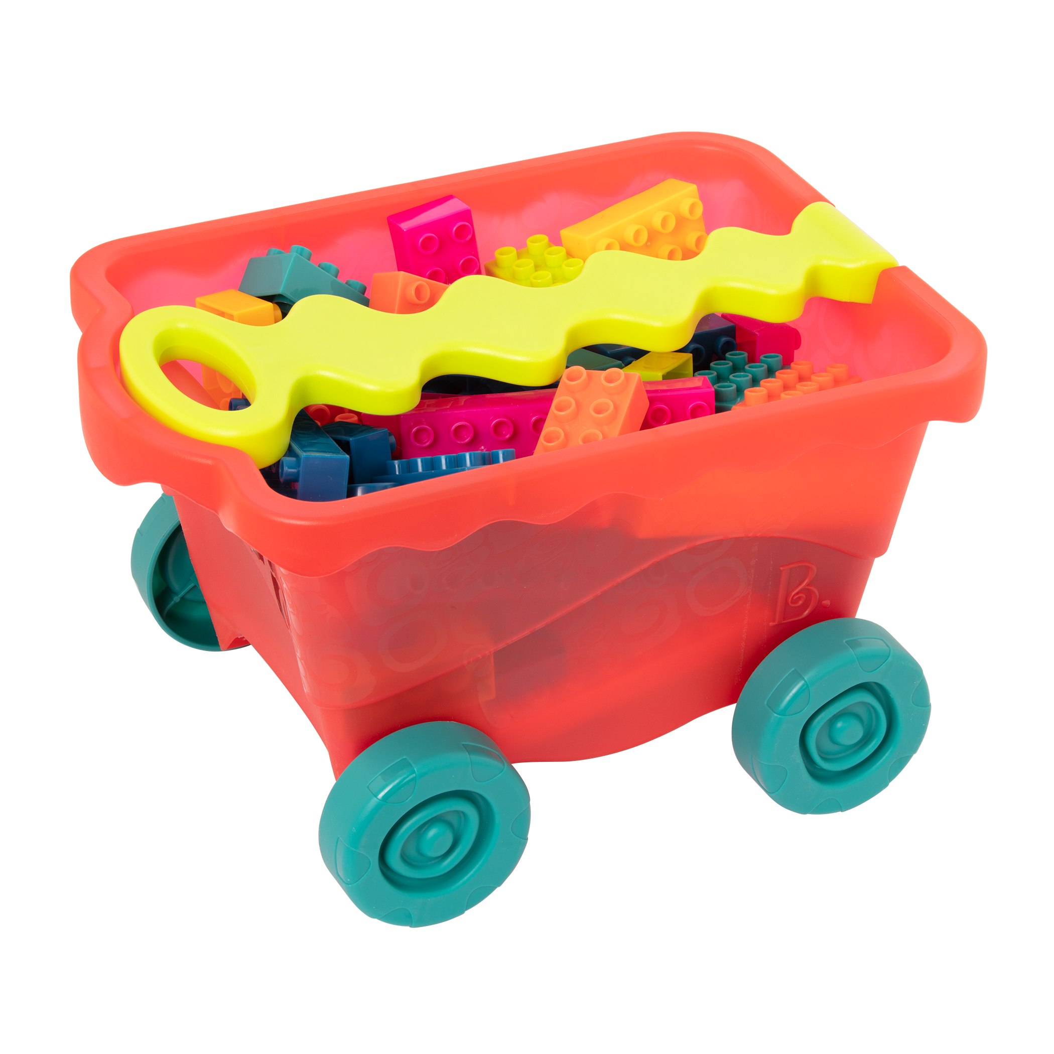 Colorful building blocks and a wagon.
