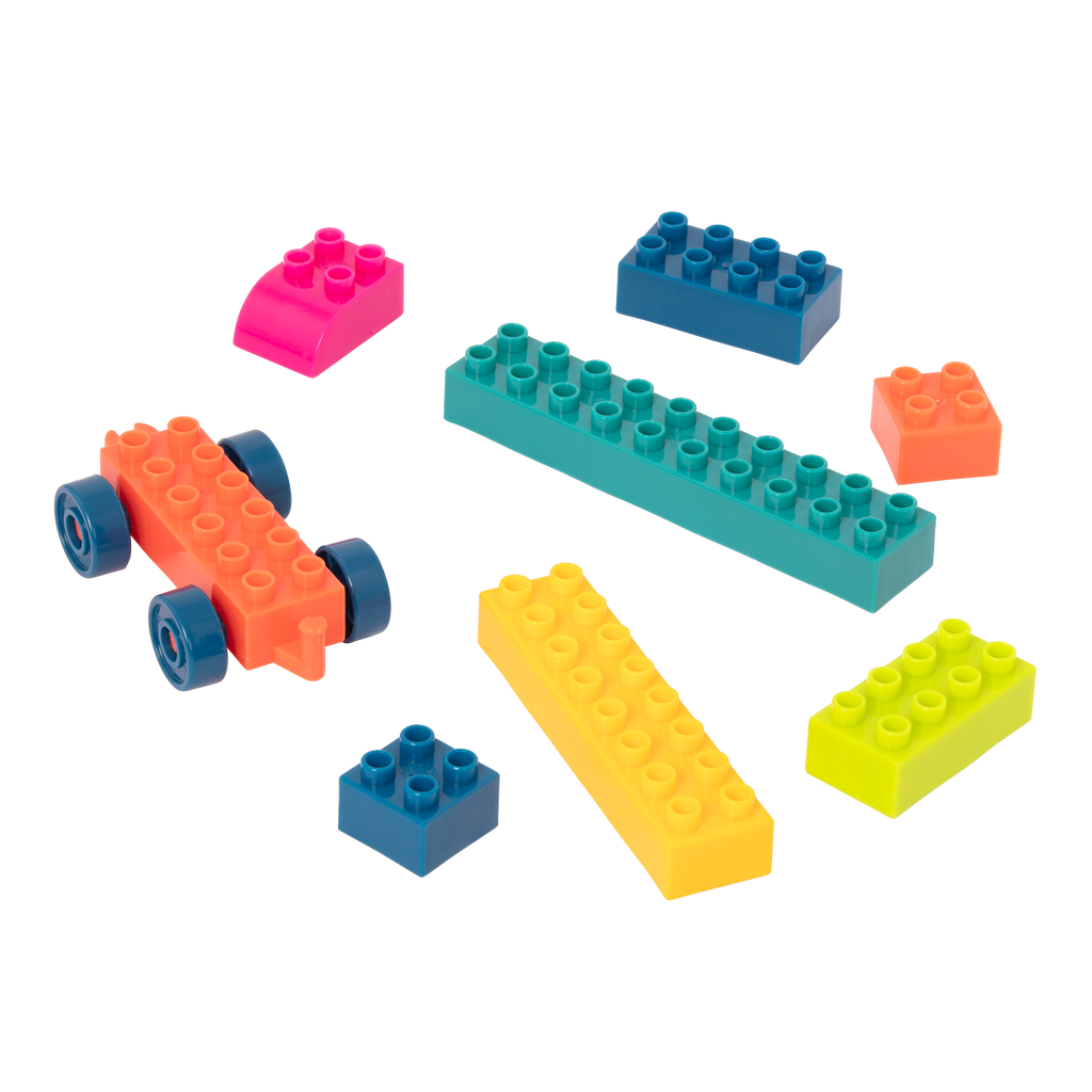 Colorful building blocks and a wagon.