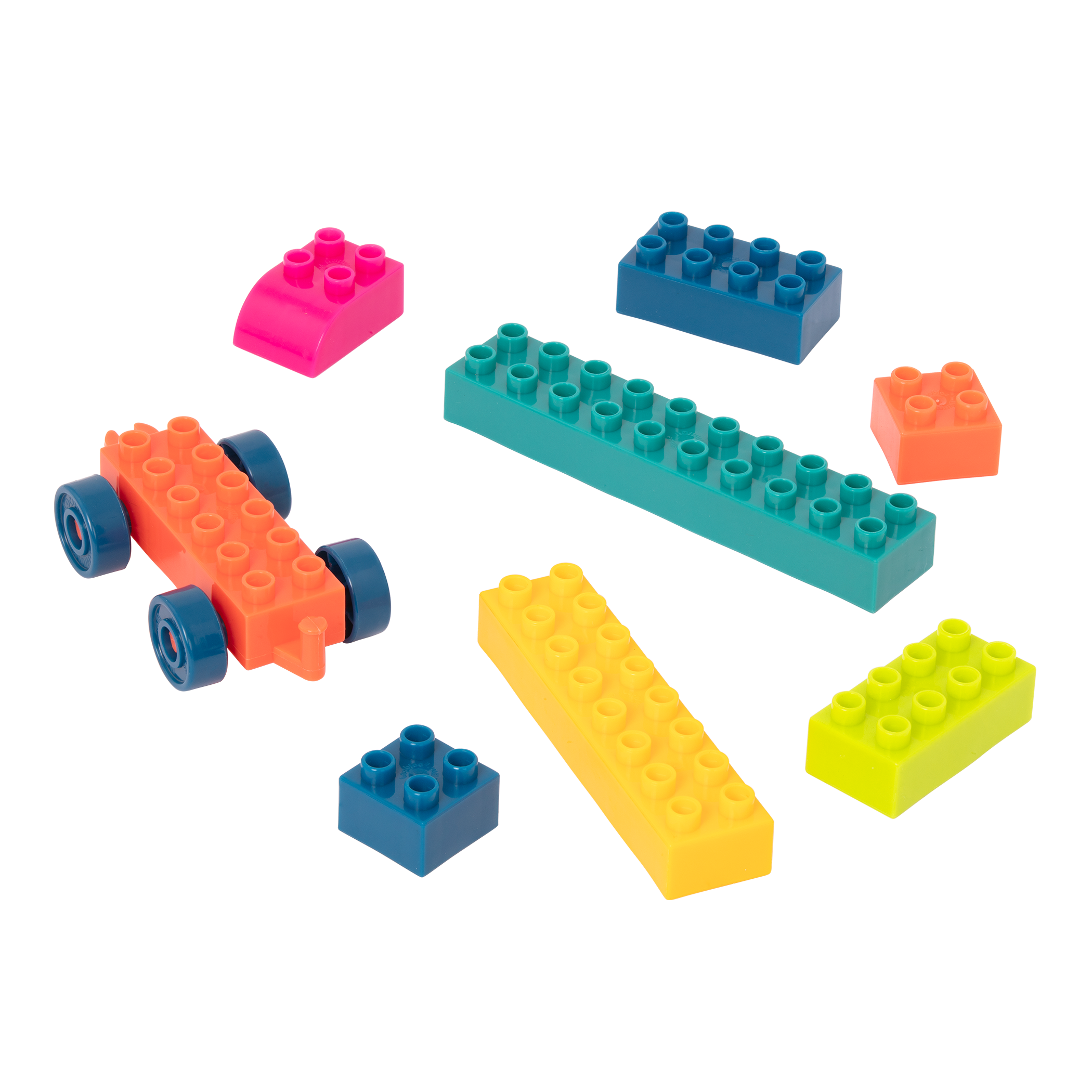 Colorful building blocks and a wagon.