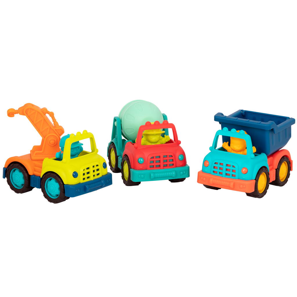 Three toy trucks with drivers.