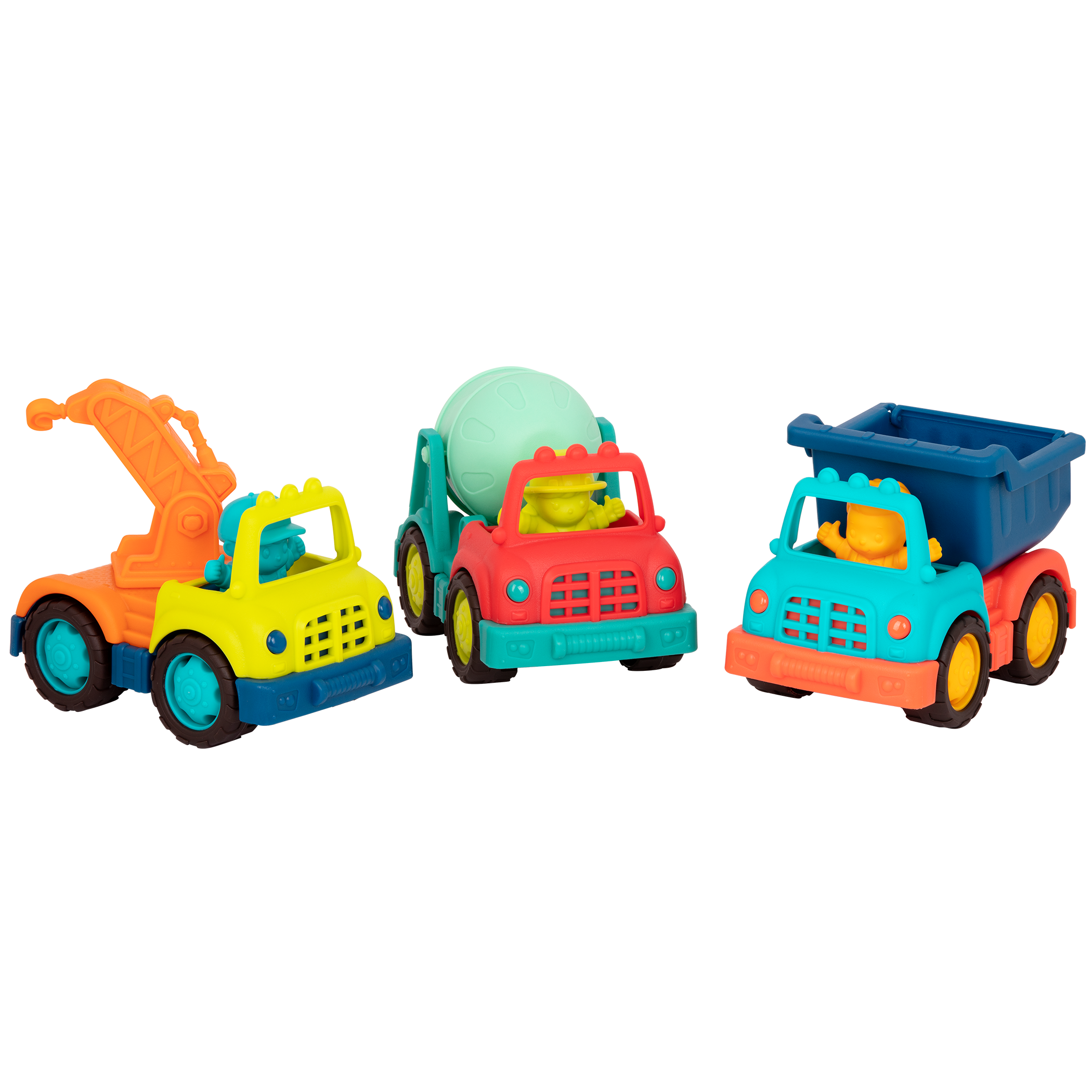 Three toy trucks with drivers.