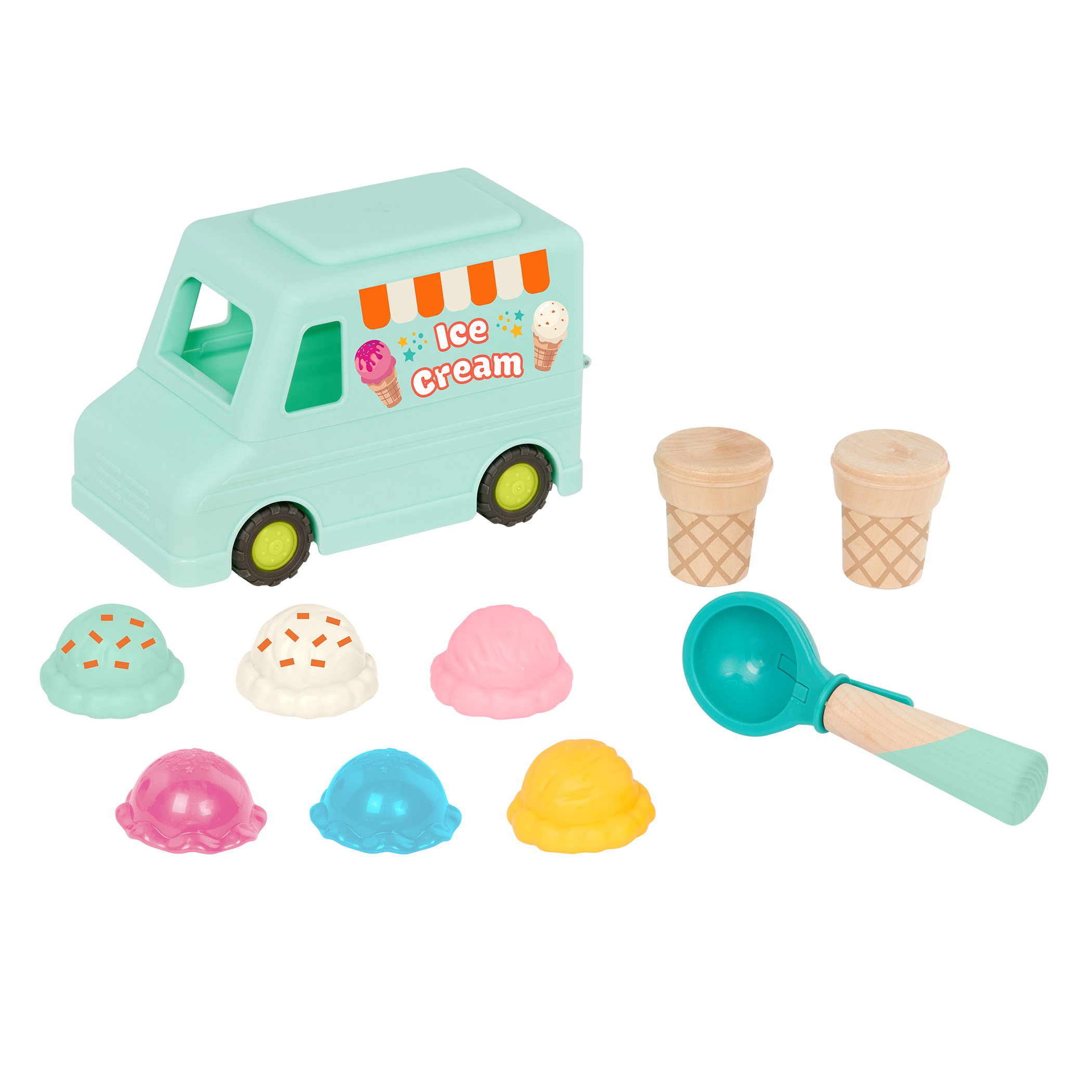 Toy ice cream truck with scoops.