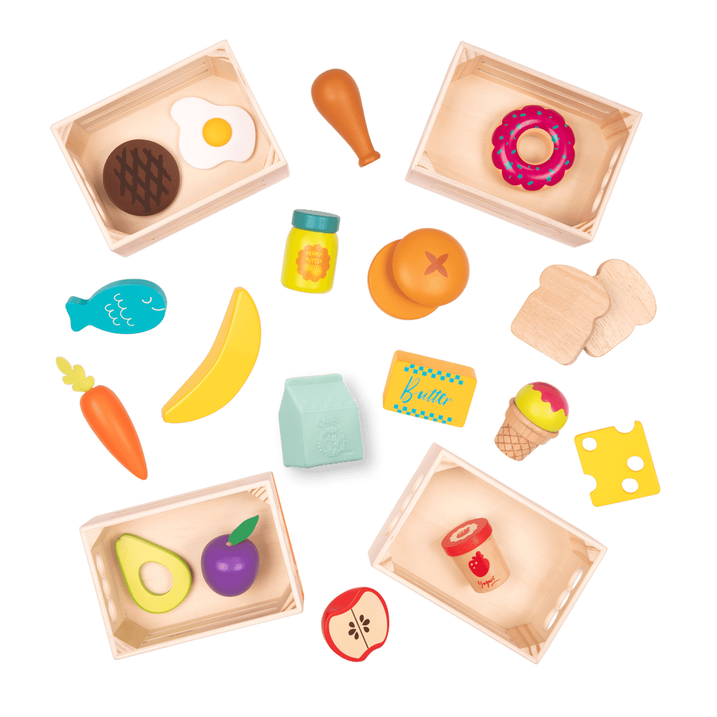 Wooden play food in crates.