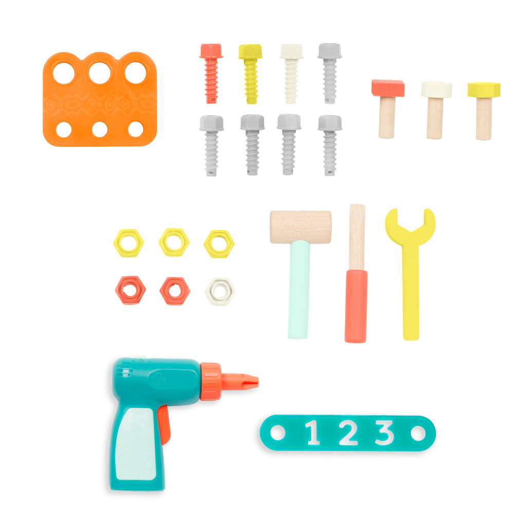 Toy tool box with tools.