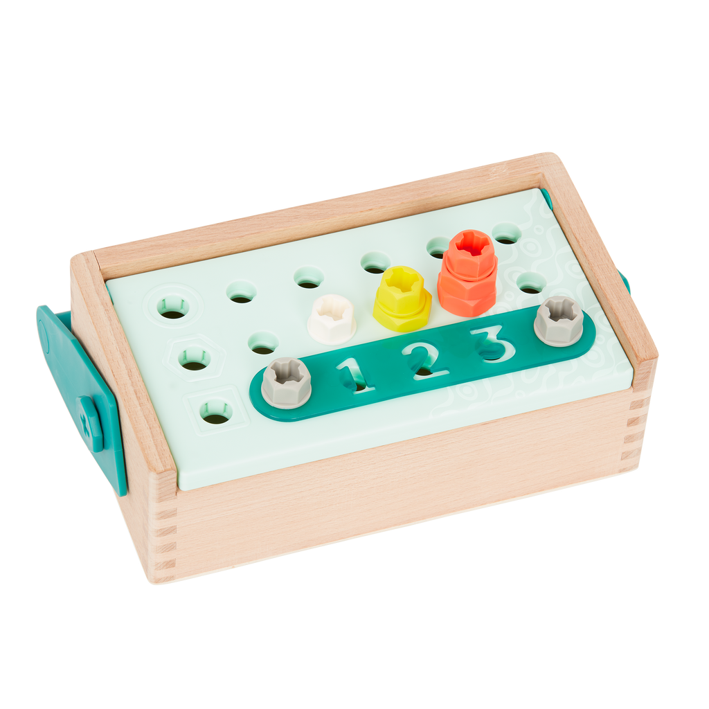 Toy tool box with tools.