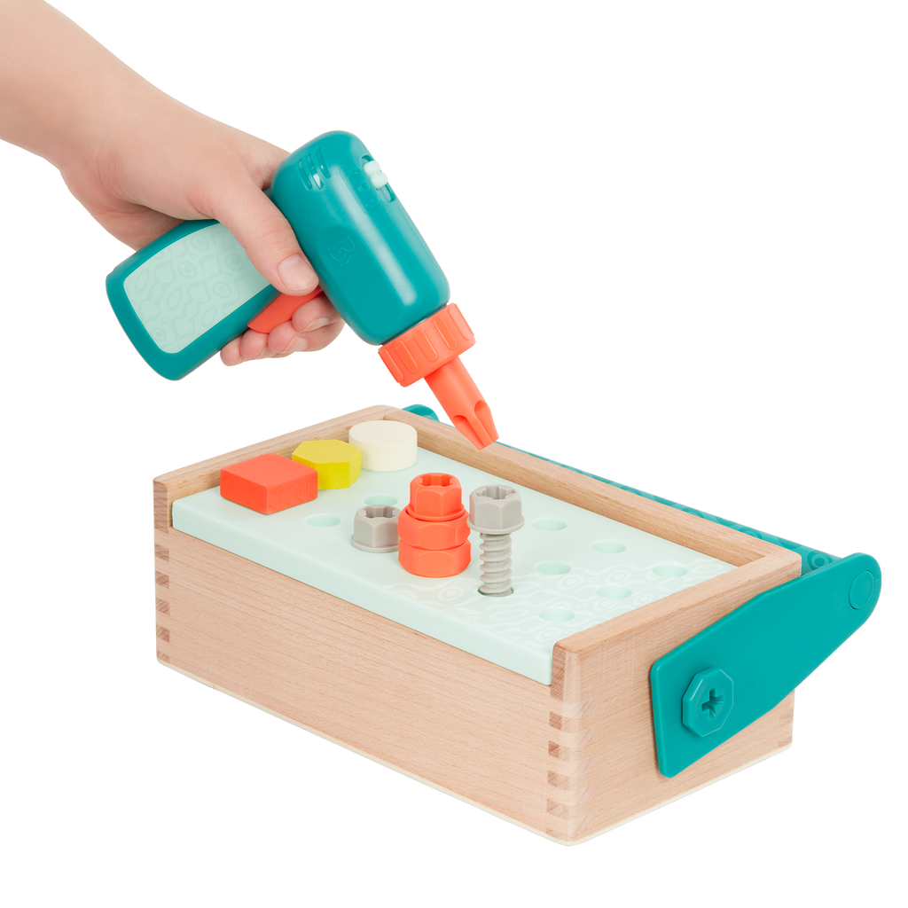 Toy tool box with tools.
