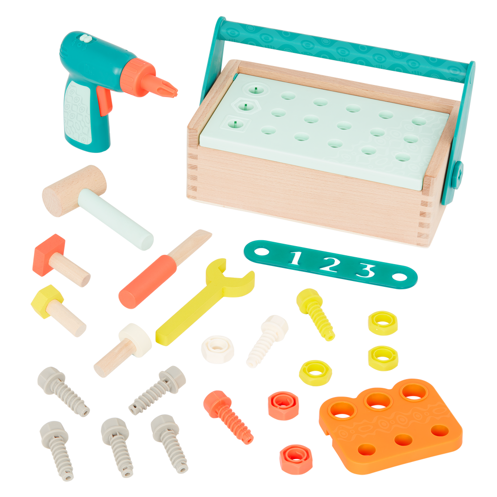 Toy tool box with tools.