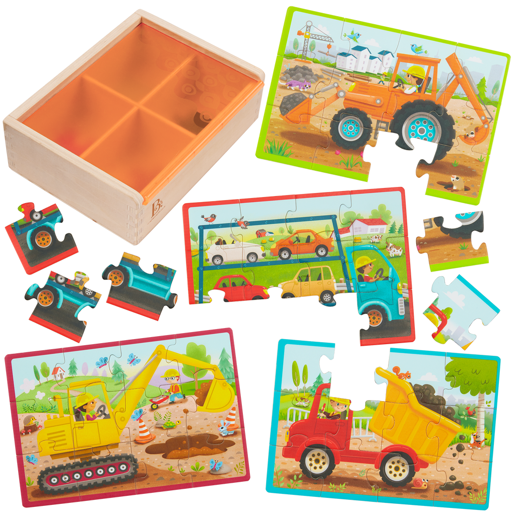 Four wooden truck puzzles.