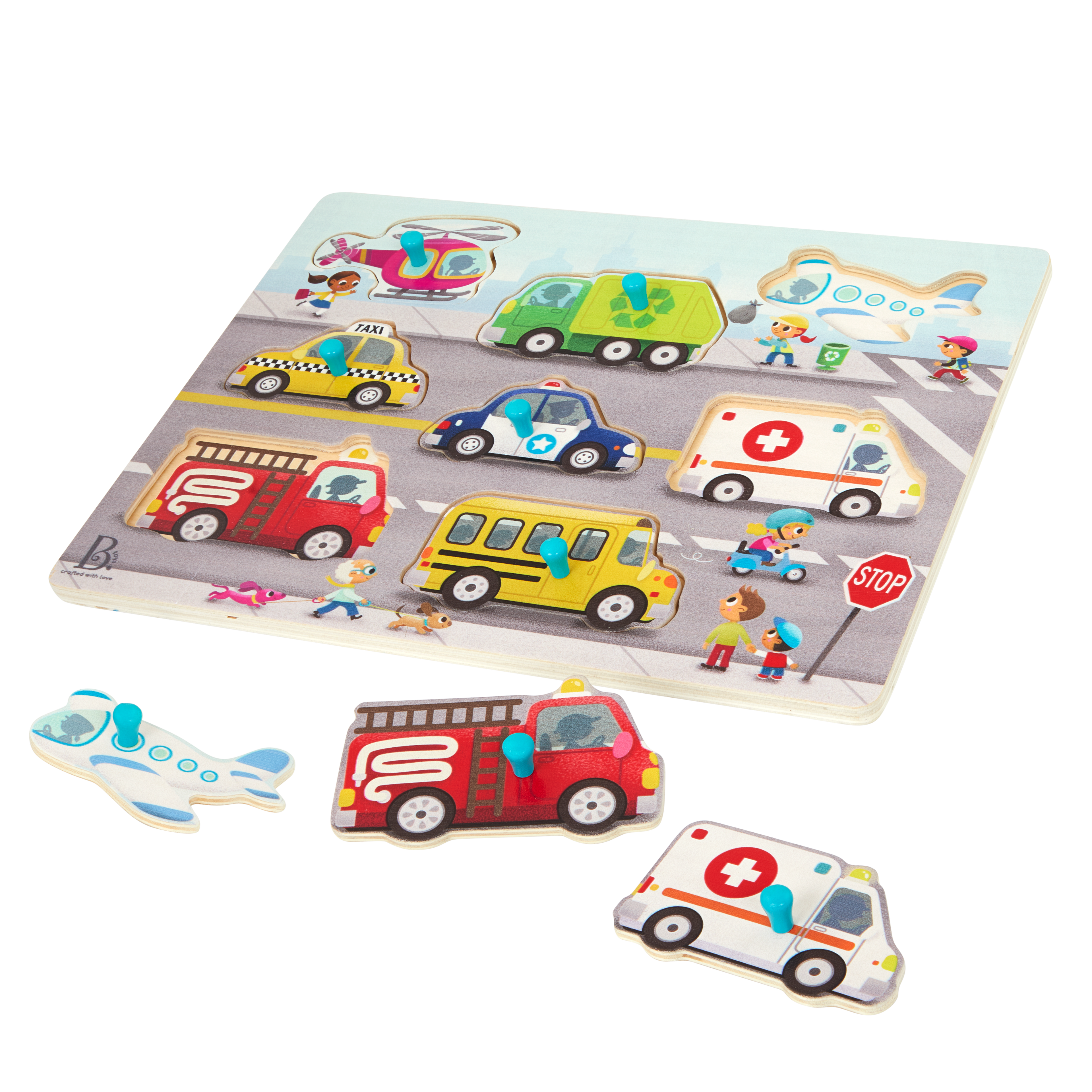 Vehicle and farm animal peg puzzles.