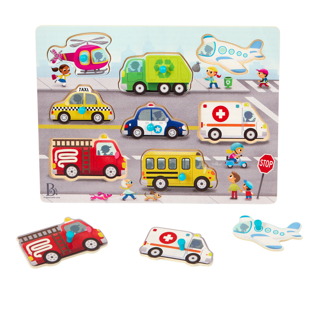 Peg puzzle with vehicles.