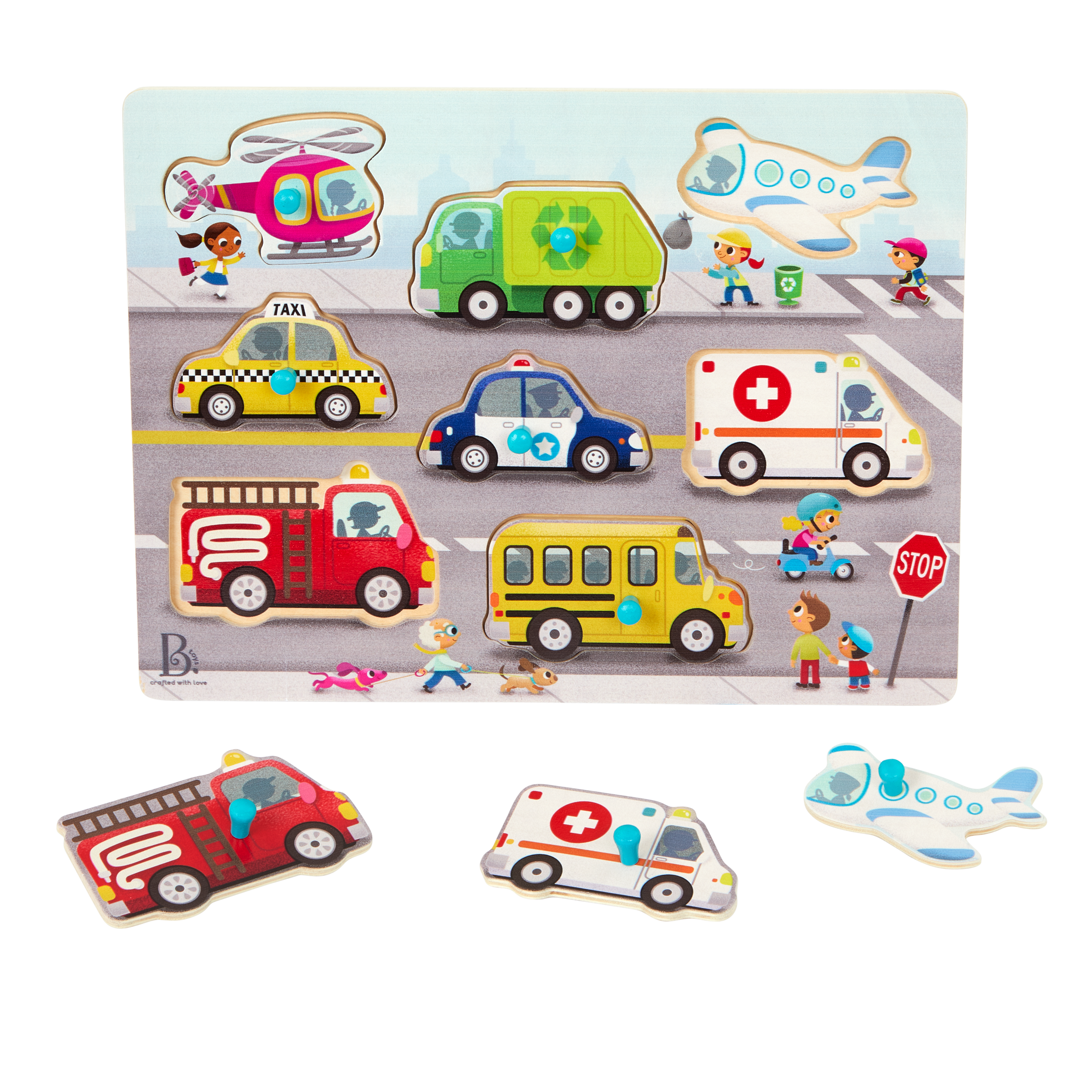 Peg puzzle with vehicles.