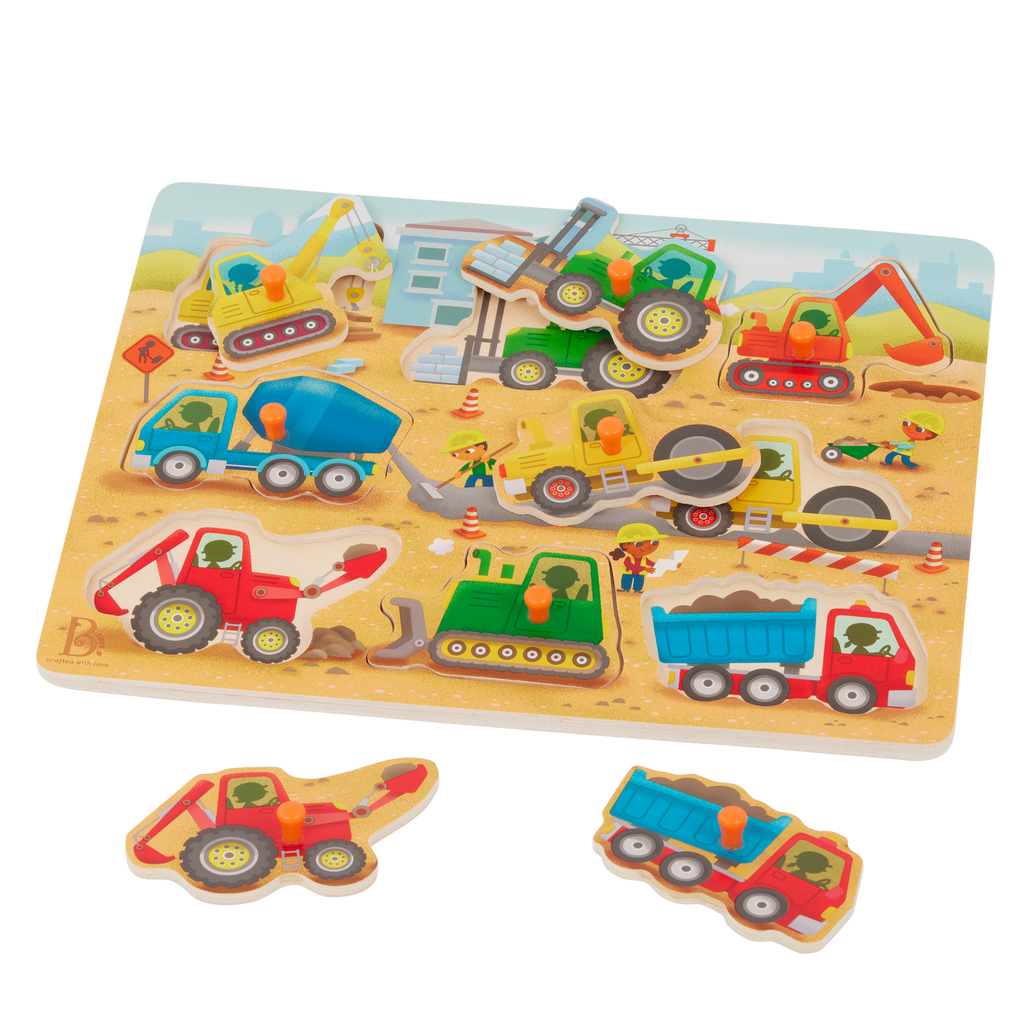 Peg puzzle with construction trucks.