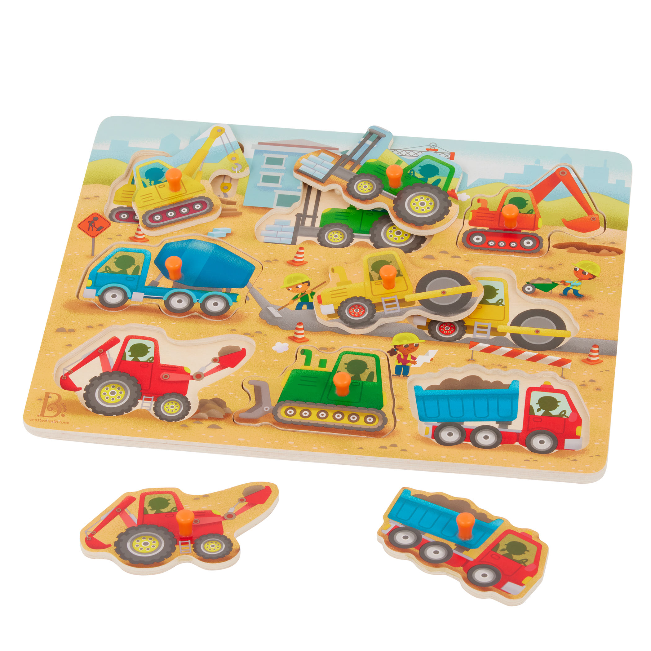 Peg puzzle with construction trucks.