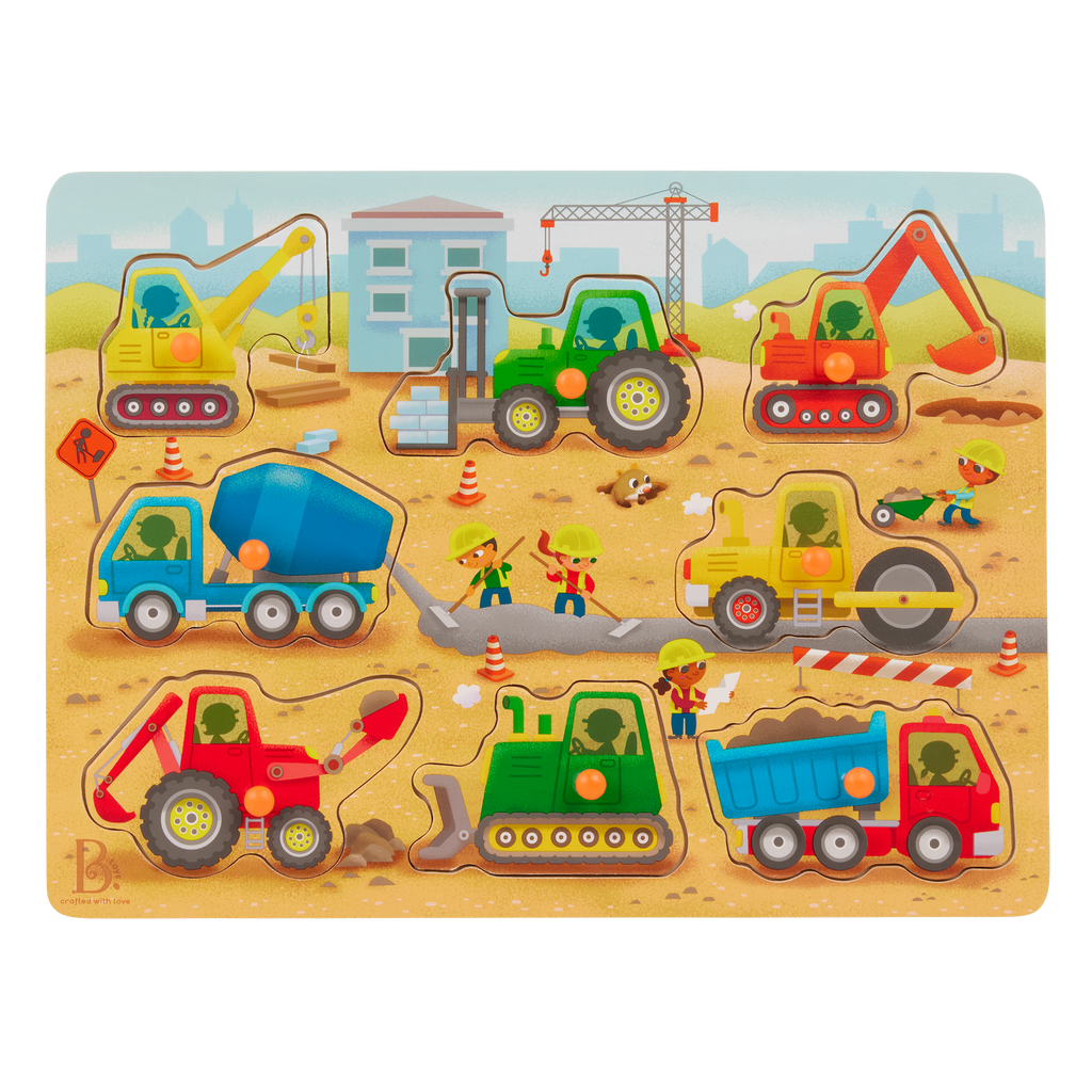Peg puzzle with construction trucks.