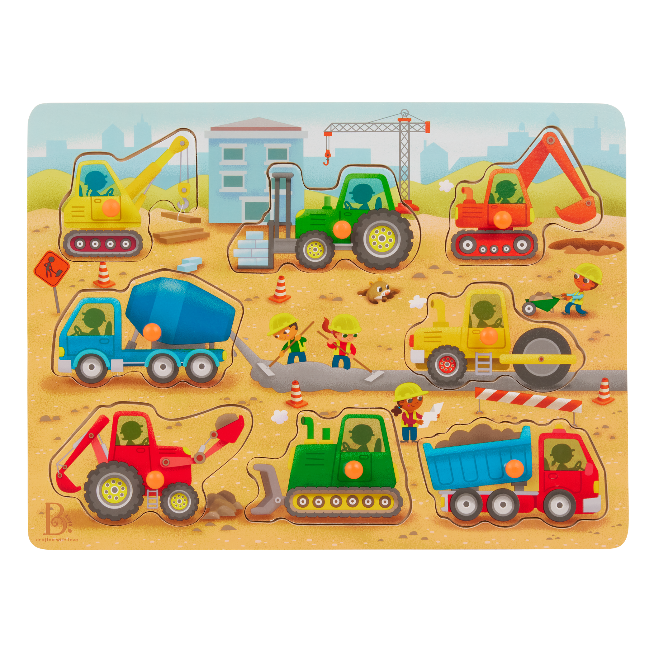 Peg puzzle with construction trucks.