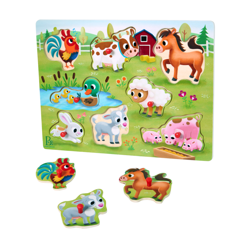 Vehicle and farm animal peg puzzles.