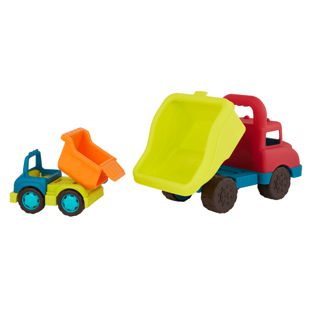 Large toy dump truck and small toy dump truck.
