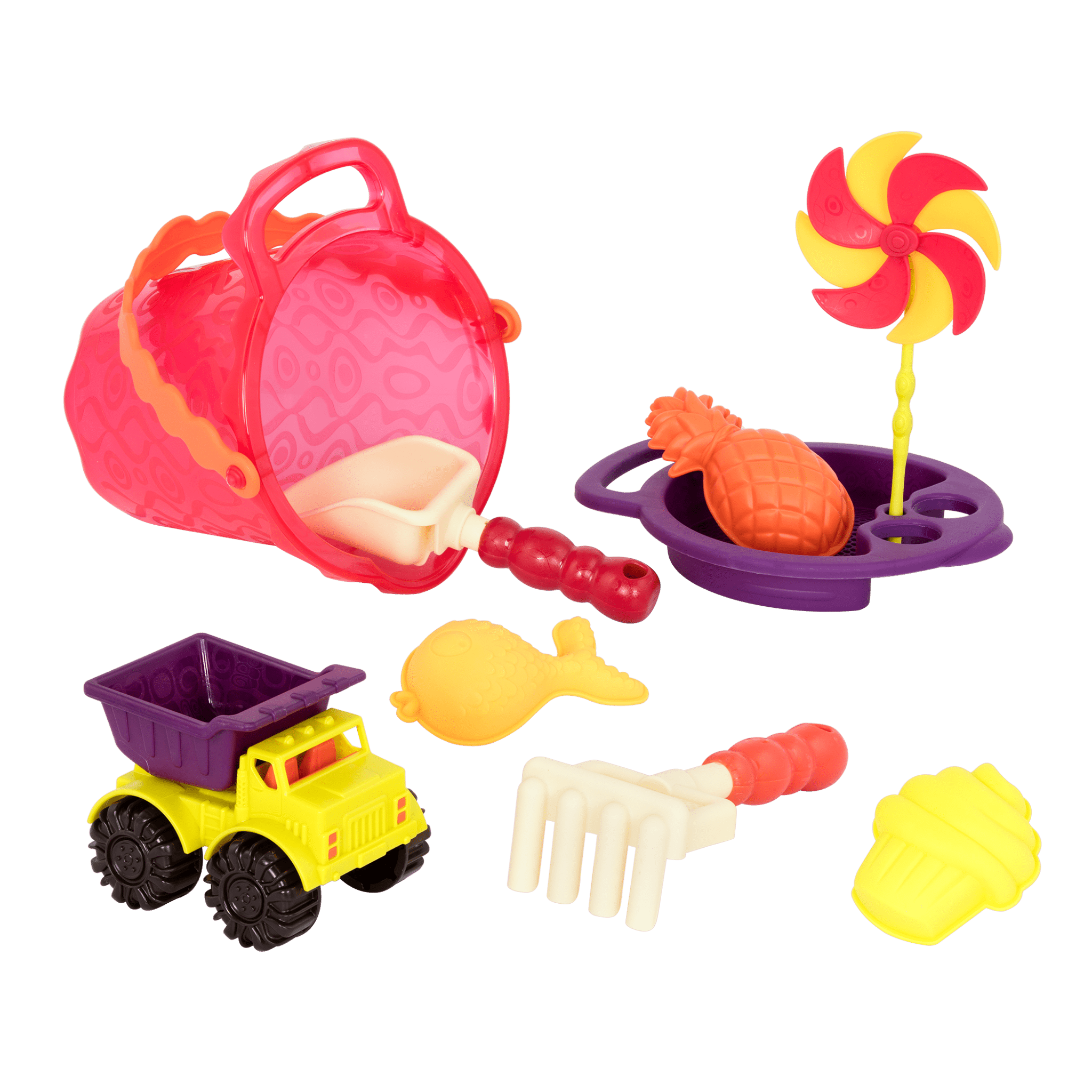 Dump truck and beach toys.