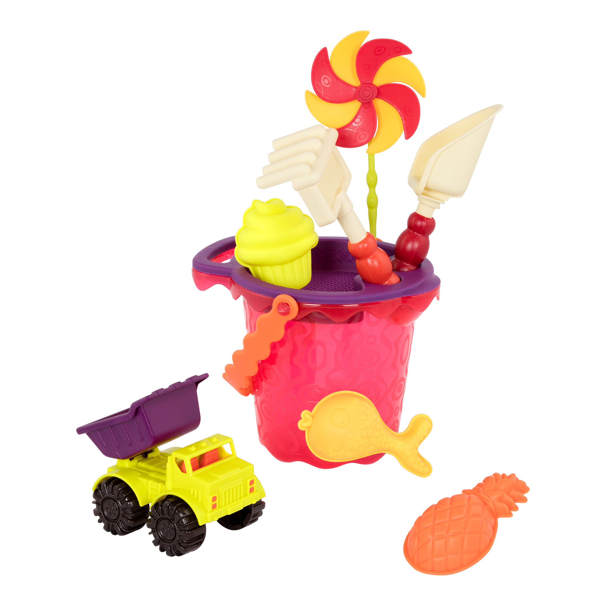 Dump truck and beach toys.