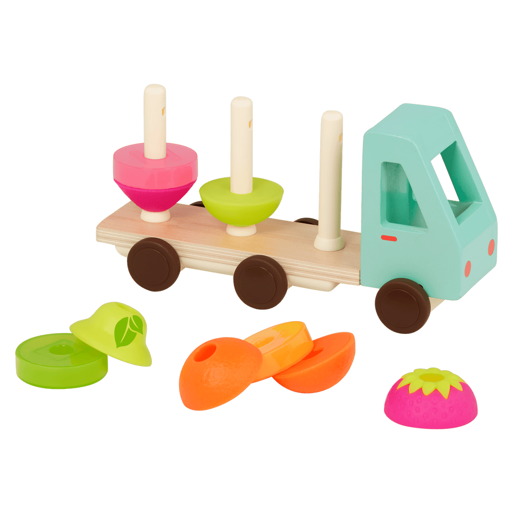 Toy truck with stackable fruits.