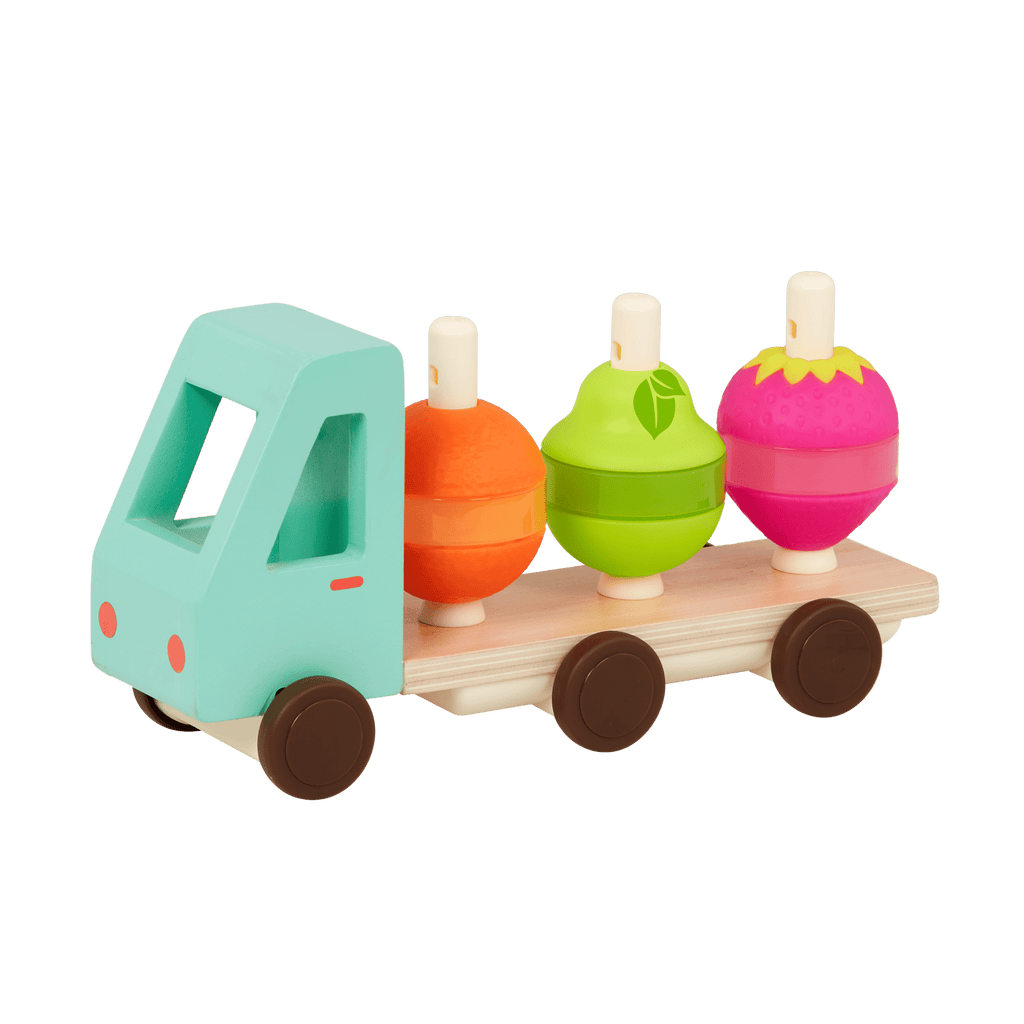 Toy truck with stackable fruits.