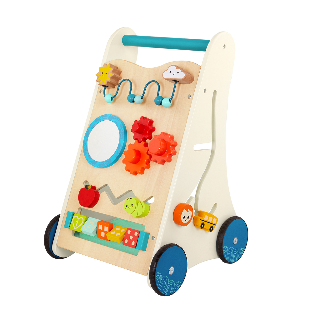 Wooden toddler activity walker with storage