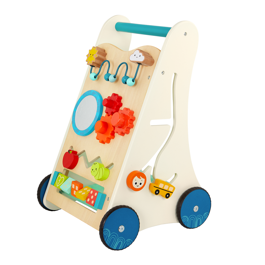 Wooden toddler activity walker with storage