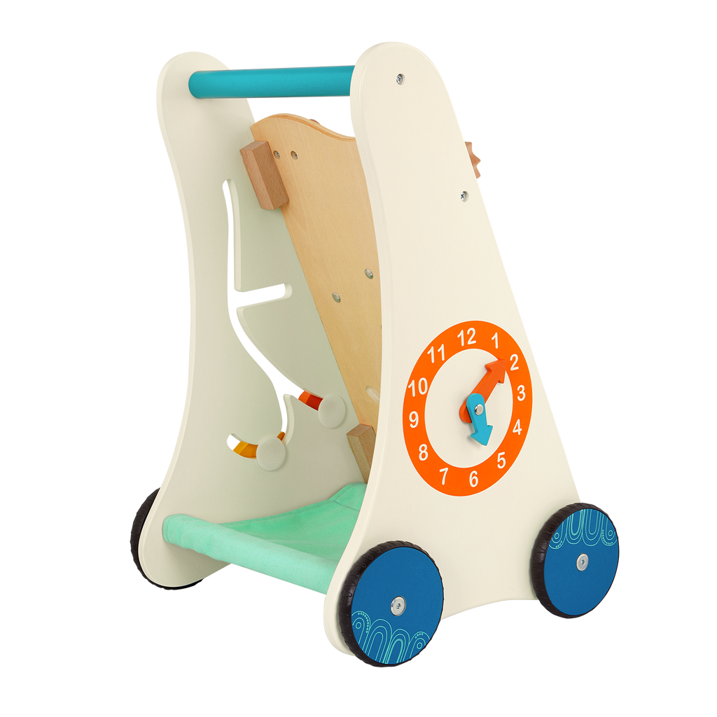 Wooden toddler activity walker with storage