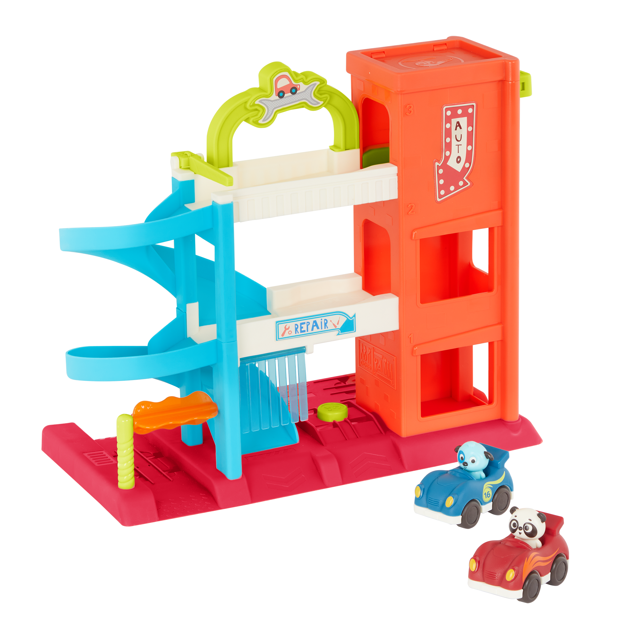 3-level garage playset with 2 toy cars