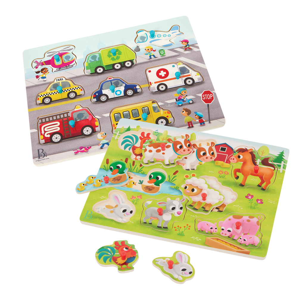 Vehicle and farm animal peg puzzles.