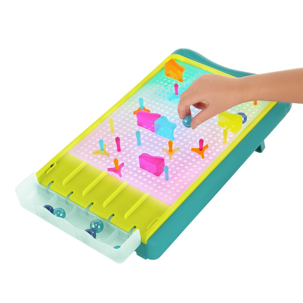 Peg board marble drop game for kids with lights and art sheets