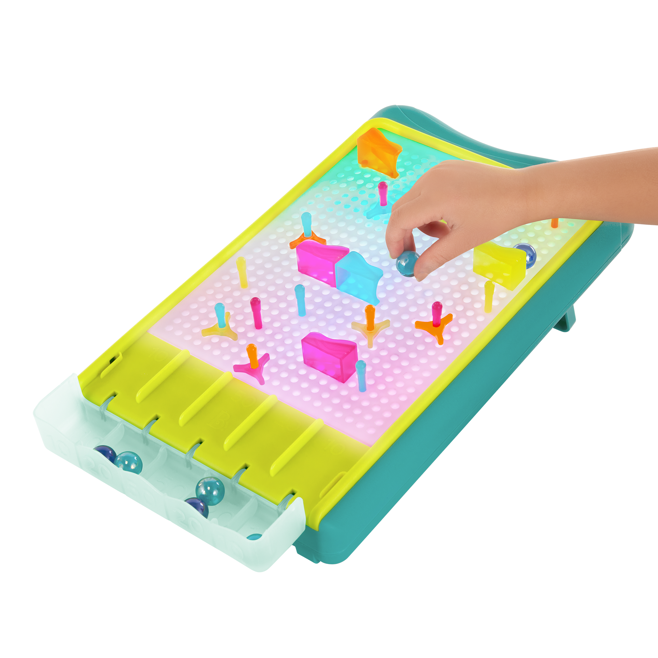 Peg board marble drop game for kids with lights and art sheets