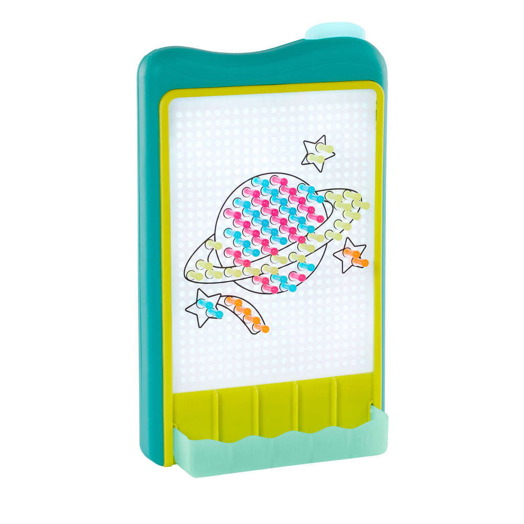 Peg board marble drop game for kids with lights and art sheets